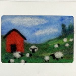 Red Barn with Sheep Flock